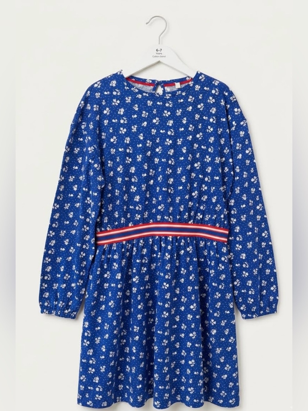 Mini Boden Royal Blue Floral Long-Sleeve Dress with Red Stripe Waistband